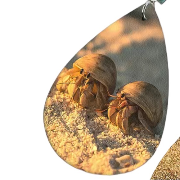 Leather Teardrop Shaped Hermit Crab Print Earrings - Picture 2 of 6